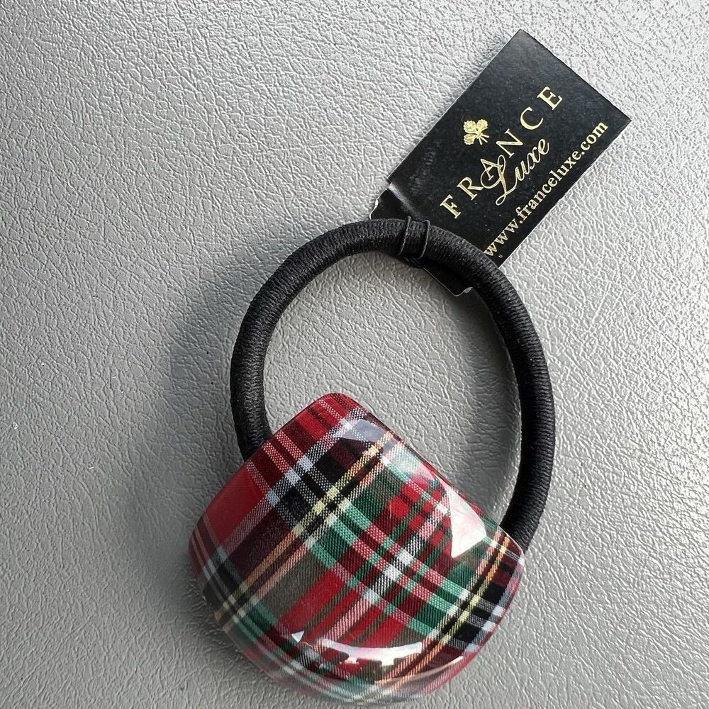 France Luxe Plaid Ponytail Holder Hair Tie Red Tartan Made in France NWT